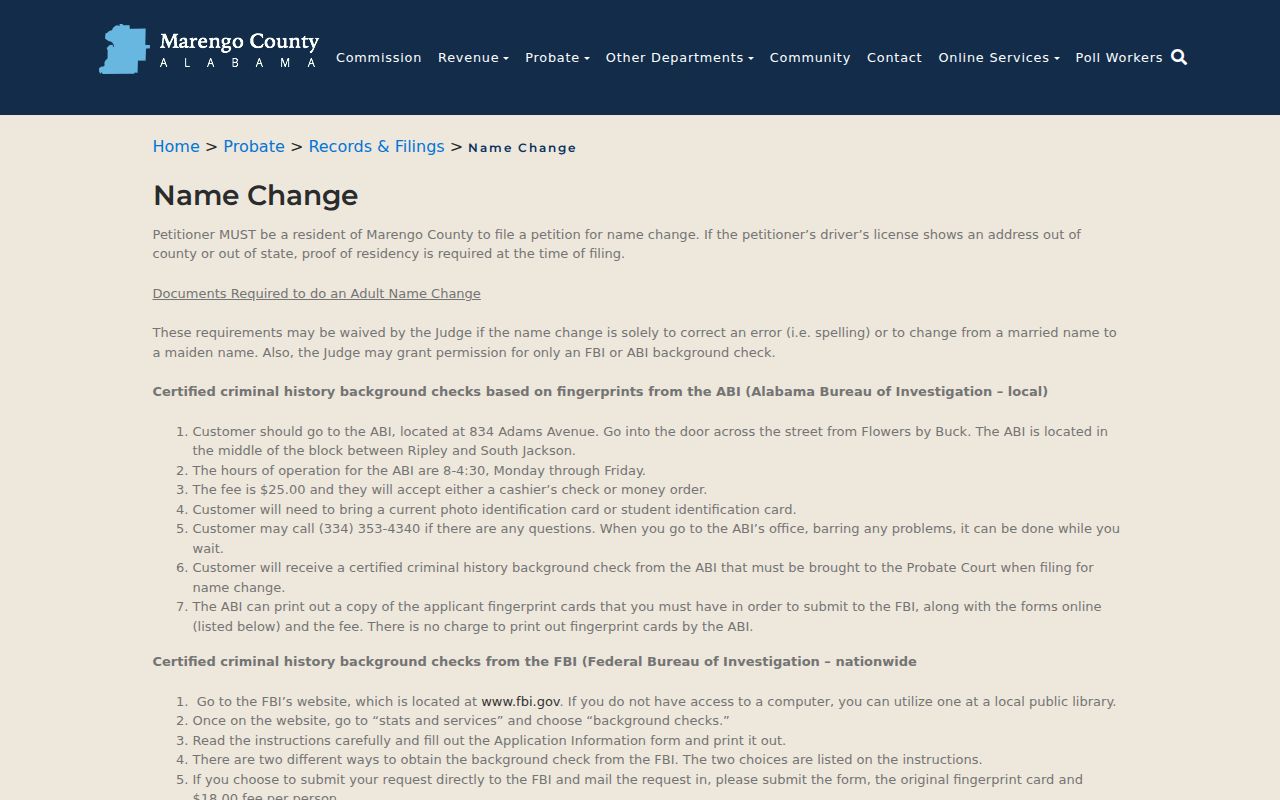 Marengo County Probate name change records separate from Circuit Clerk records