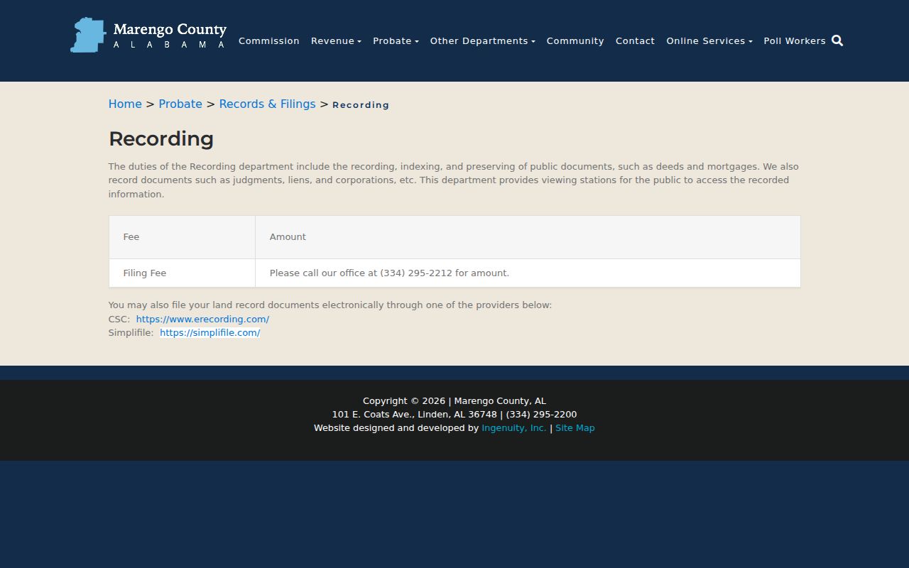 Marengo County Probate recording page separate from Circuit Clerk case records
