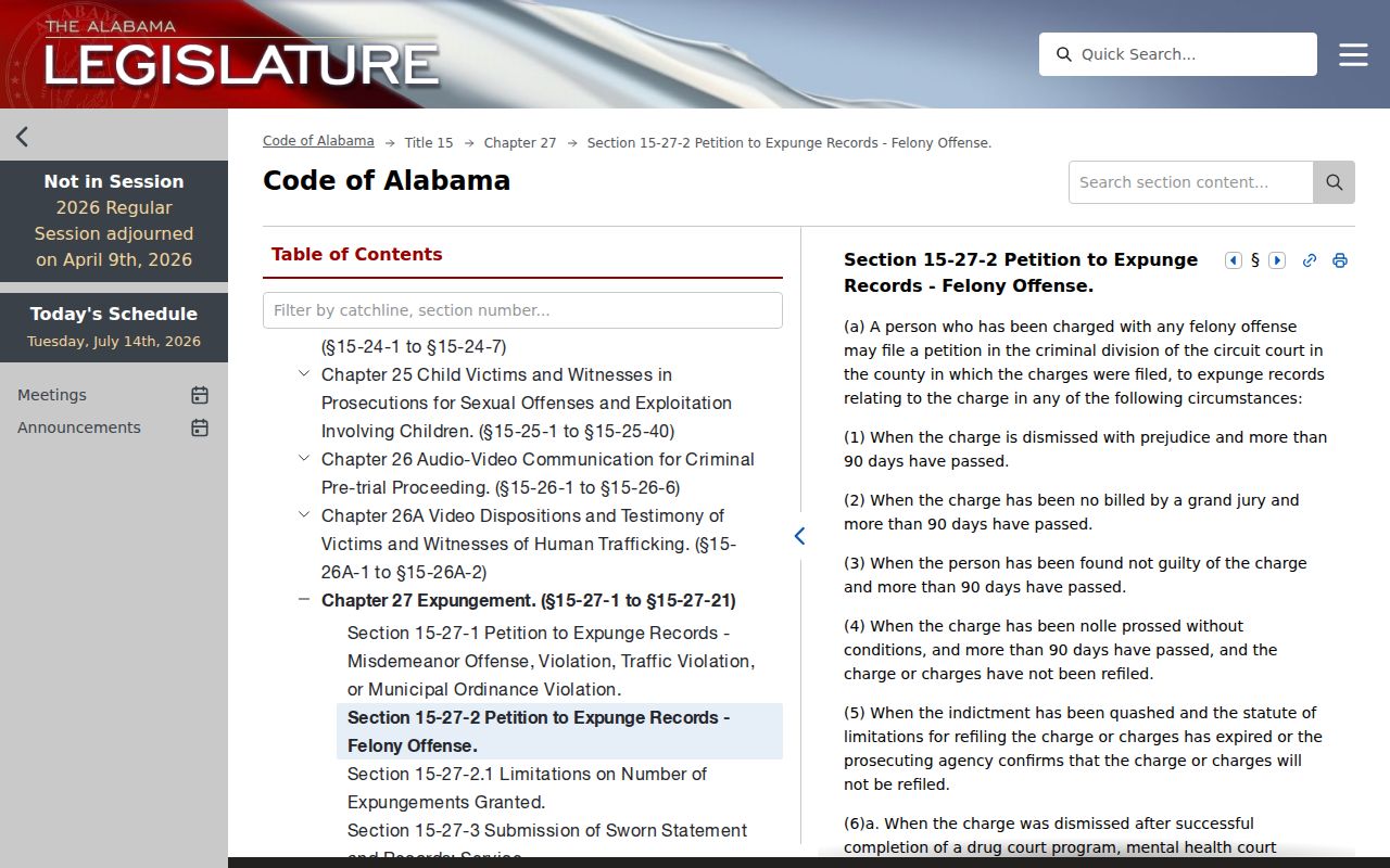 Marengo County criminal court records felony expungement law