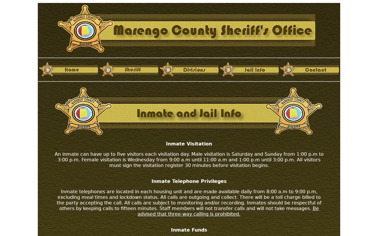 Marengo County inmate visitation phone and funds information