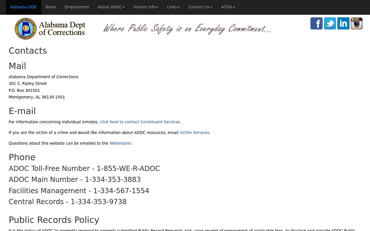 Marengo County inmate state custody contact through ADOC
