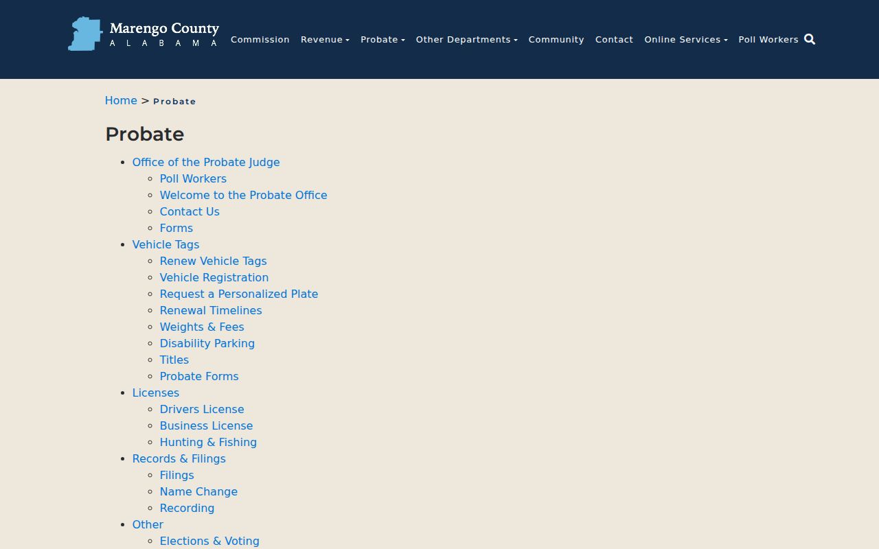 Marengo County Probate Court records and services menu