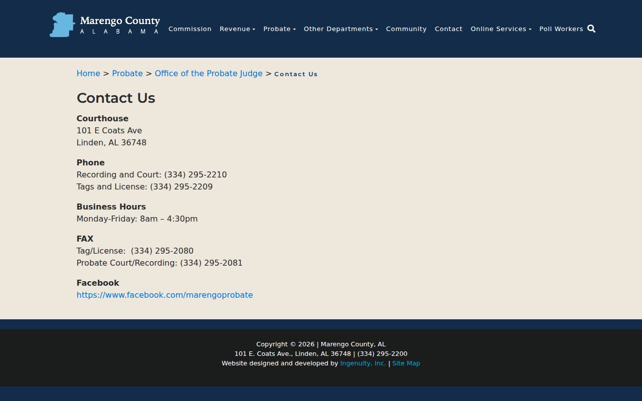 Marengo County Probate Court contact page