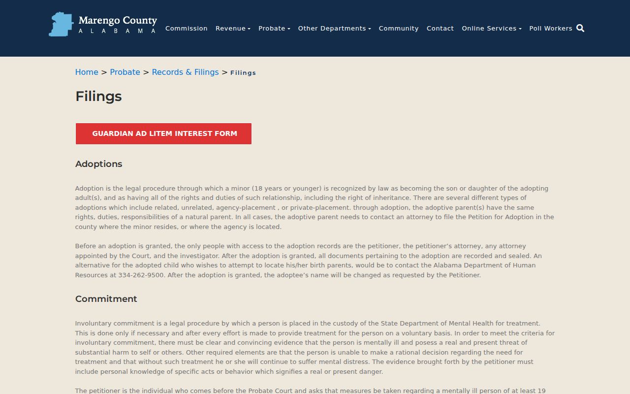 Marengo County Probate Court filing information for probate records
